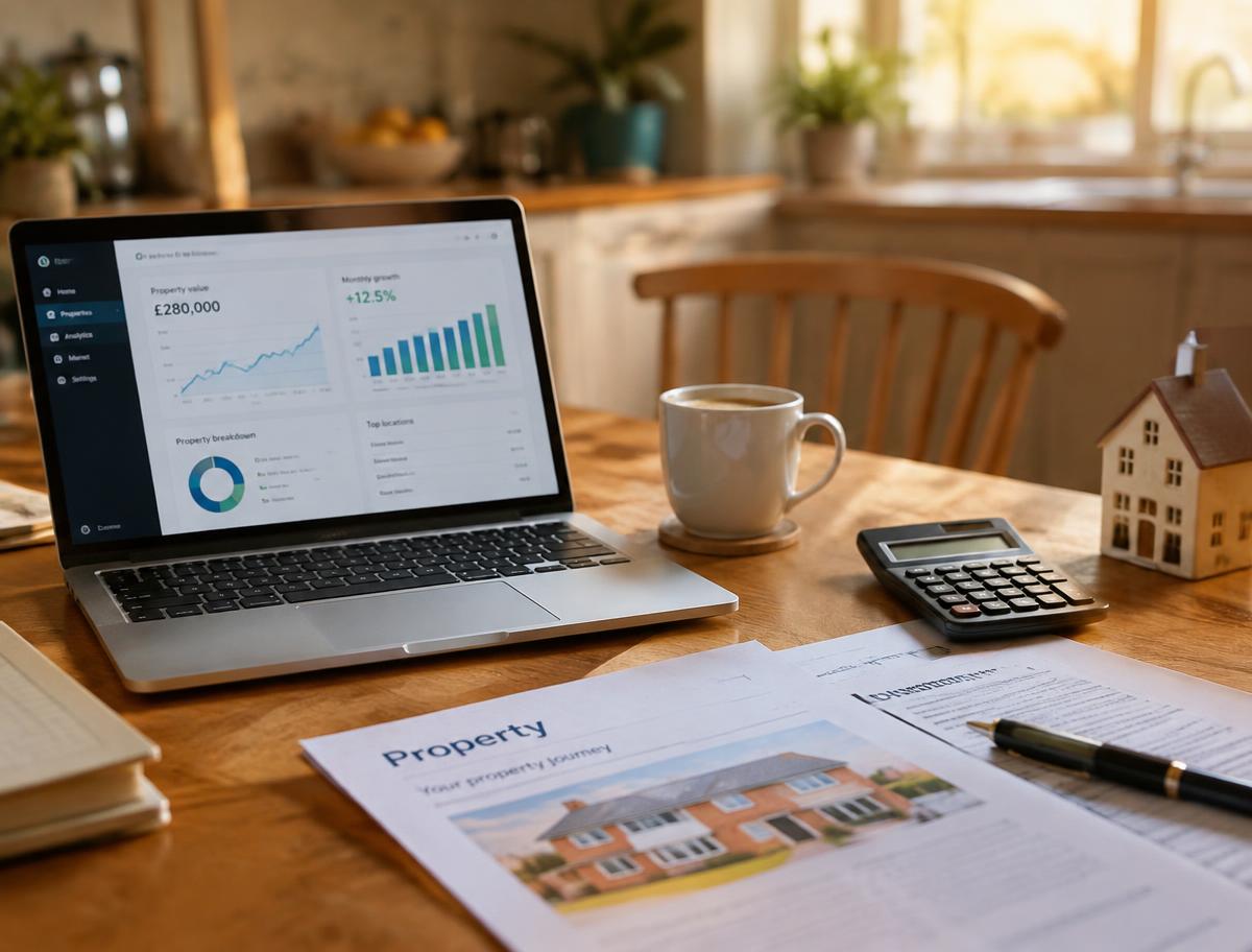 Laptop with property charts on a kitchen table